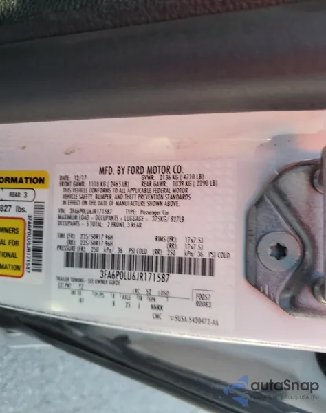 2018 Ford Fusion Se Hybrid из США, поврежденный, VIN 3FA6P0LU6JR171587